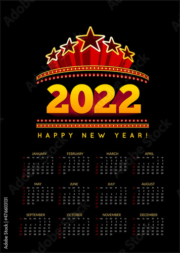 Calendar for 2022 starts sunday. Vector illustration on black