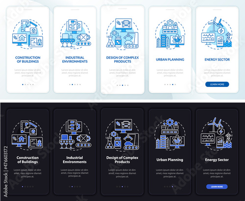 Digital twin use cases night and day mode onboarding mobile app screen. Walkthrough 5 steps graphic instructions pages with linear concepts. UI, UX, GUI template. Myriad Pro-Bold, Regular fonts used