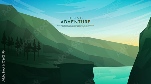 Vector illustration. Minimalist polygonal design. Nature landscape background. Panoramic view. Design element for web banner, website template. Cartoon flat style. Forest and hills by lake. Mountains