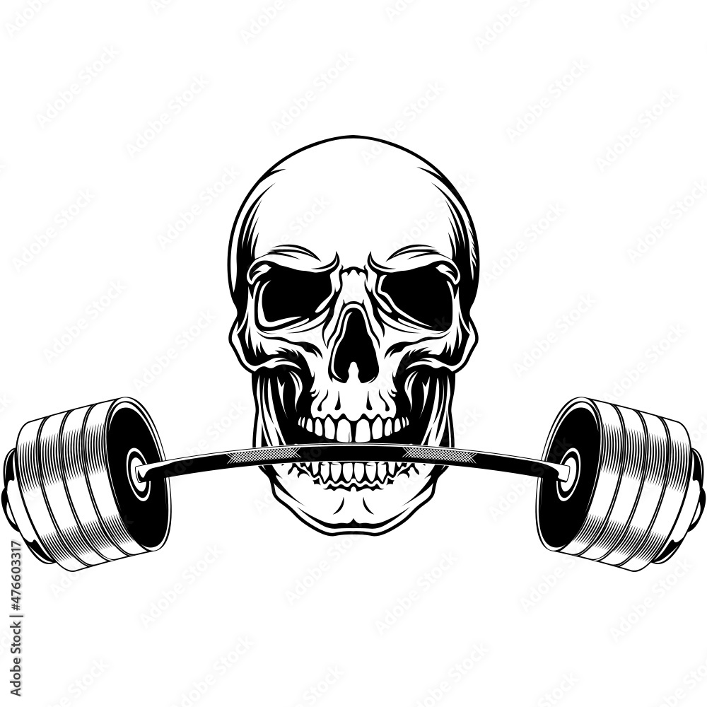 Gym logo SVG design with a skull with a barbell, gym decal, emblem
