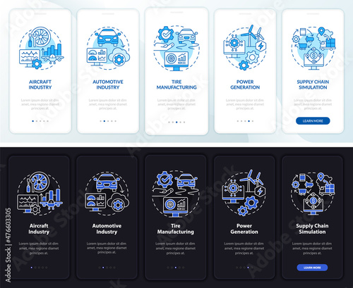 Digital twin usage night and day mode onboarding mobile app screen. Walkthrough 5 steps graphic instructions pages with linear concepts. UI, UX, GUI template. Myriad Pro-Bold, Regular fonts used
