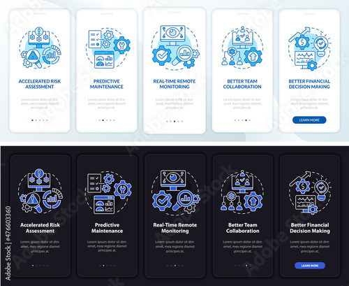 Digital twin benefits night and day mode onboarding mobile app screen. Walkthrough 5 steps graphic instructions pages with linear concepts. UI, UX, GUI template. Myriad Pro-Bold, Regular fonts used
