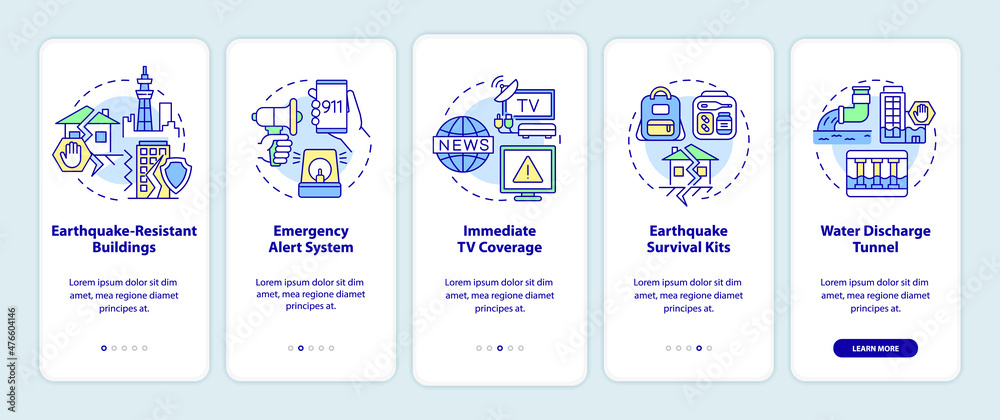 Earthquake mitigation strategies Japan onboarding mobile app screen. Walkthrough 5 steps graphic instructions pages with linear concepts. UI, UX, GUI template. Myriad Pro-Bold, Regular fonts used