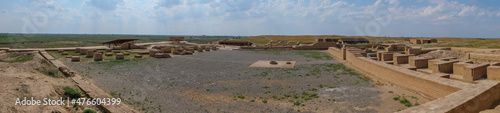 Reconstruction of Otrar city walls and columns. Otyrar (Farab) ancient town, homeland of Al-Farabi. photo