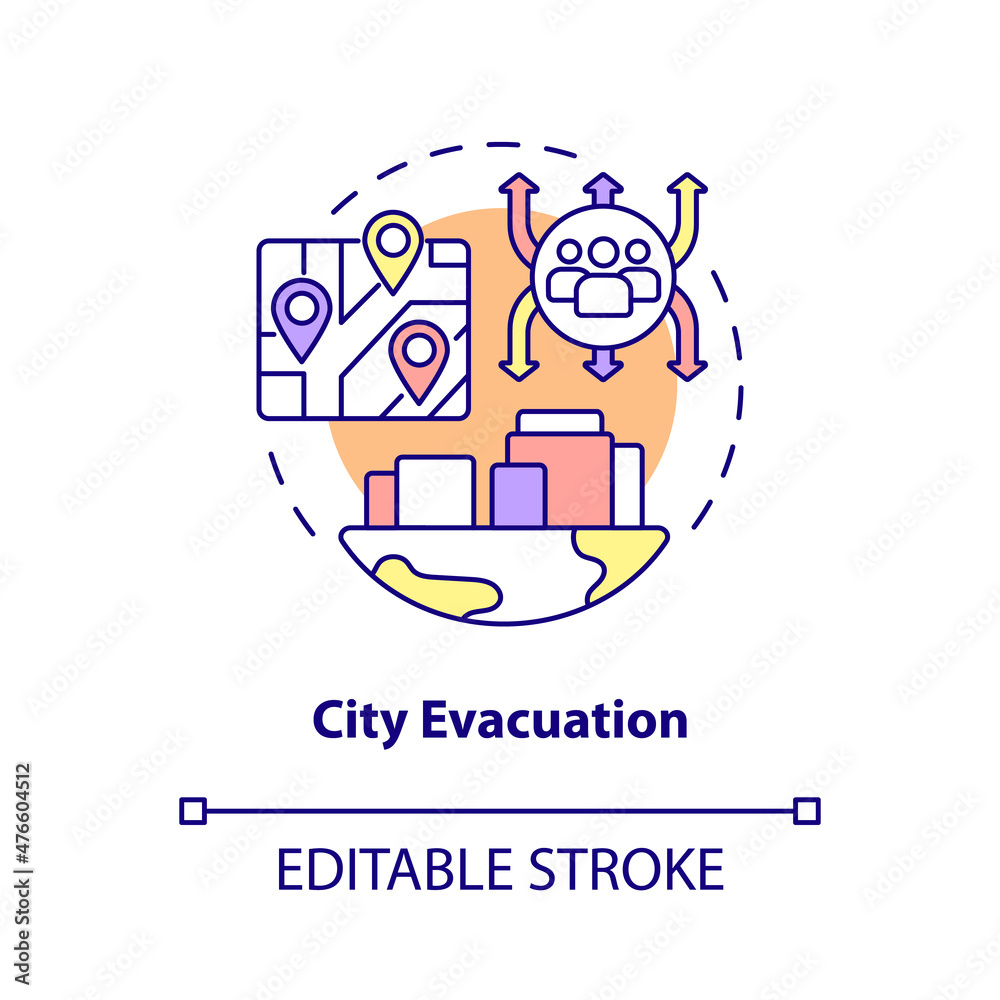 City evacuation concept icon. Emergency situation handling abstract idea thin line illustration. Isolated outline drawing. Editable stroke. Roboto-Medium, Myriad Pro-Bold fonts used City evacuation concept icon. Emergency situation handling abstract idea thin line illustration. Isolated outline drawing. Editable stroke. Roboto-Medium, Myriad Pro-Bold fonts used