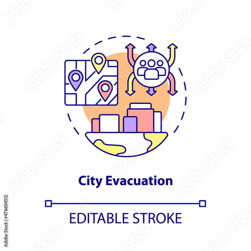 City evacuation concept icon. Emergency situation handling abstract idea thin line illustration. Isolated outline drawing. Editable stroke. Roboto-Medium, Myriad Pro-Bold fonts used
