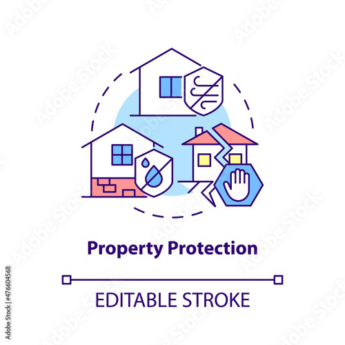 Property protection concept icon. Natural disaster damage reduction abstract idea thin line illustration. Isolated outline drawing. Editable stroke. Roboto-Medium, Myriad Pro-Bold fonts used