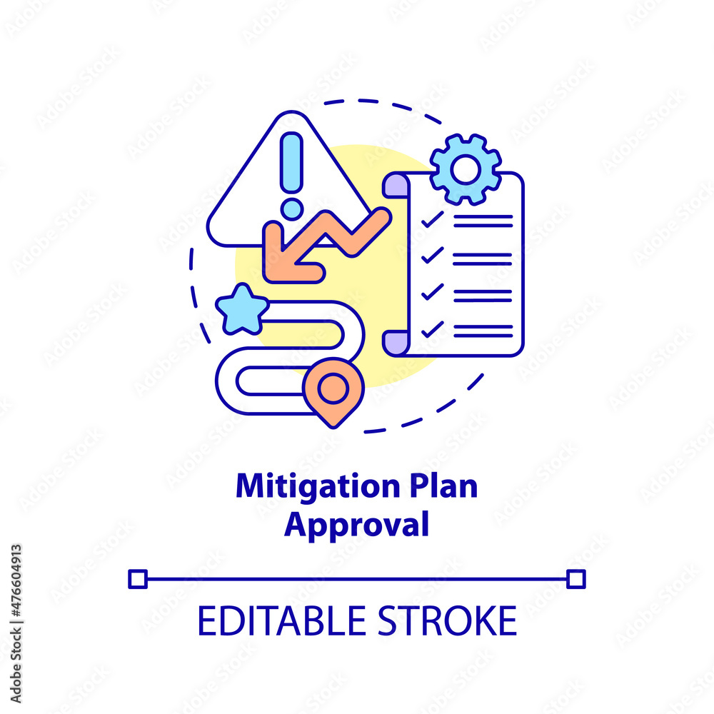 Mitigation plan approval concept icon. Threat reduction strategy abstract idea thin line illustration. Isolated outline drawing. Editable stroke. Roboto-Medium, Myriad Pro-Bold fonts used Mitigation plan approval concept icon. Threat reduction strategy abstract idea thin line illustration. Isolated outline drawing. Editable stroke. Roboto-Medium, Myriad Pro-Bold fonts used