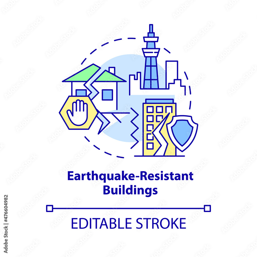 Earthquake resistant buildings concept icon. Seismic proof structures abstract idea thin line illustration. Isolated outline drawing. Editable stroke. Roboto-Medium, Myriad Pro-Bold fonts used