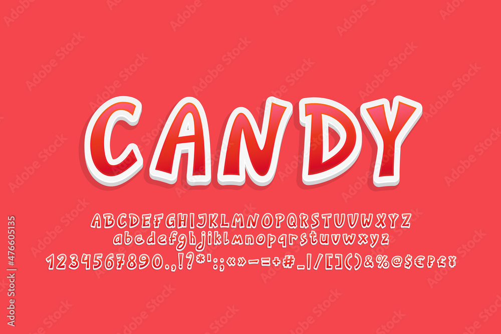 Bright red emblem Candy. Modern 3d sticker style font, vector English alphabet set