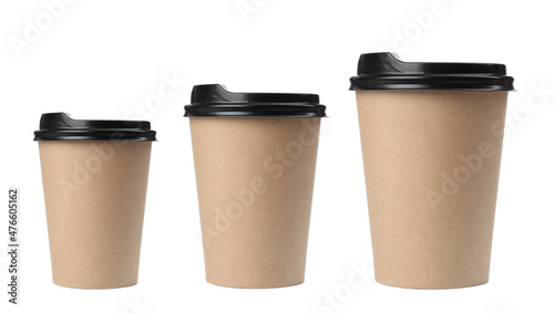 Paper coffee cups of different sizes on white background, collage