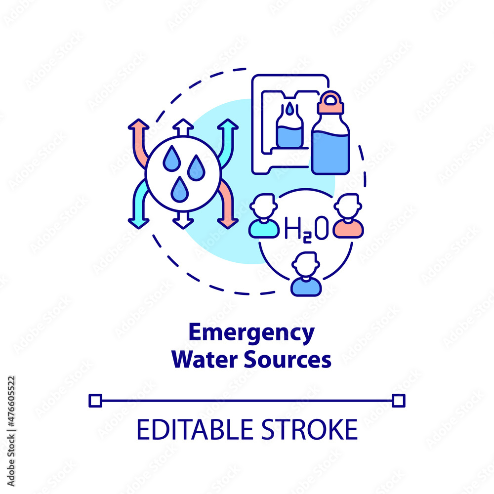 Emergency water sources concept icon. Containers of drinks abstract idea thin line illustration. Isolated outline drawing. Editable stroke. Roboto-Medium, Myriad Pro-Bold fonts used