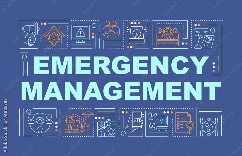 Emergency management word concepts navy banner. Public service. Infographics with linear icons on background. Isolated typography. Vector outline color illustration with text. Arial-Black font used