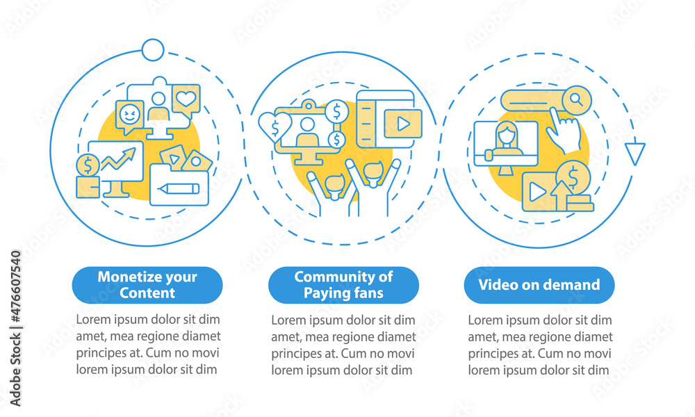 How to earn money from subscription blue circle infographic template. Data visualization with 3 steps. Process timeline info chart. Workflow layout with line icons. Myriad Pro-Bold, Regular fonts used How to earn money from subscription blue circle infographic template. Data visualization with 3 steps. Process timeline info chart. Workflow layout with line icons. Myriad Pro-Bold, Regular fonts used
