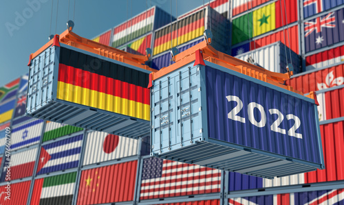 Trading 2022. Freight container with German national flag. 3D Rendering © Marius Faust