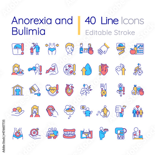 Anorexia and bulimia RGB color icons set. Eating disorders. Psychological nervosa. Isolated vector illustrations. Simple filled line drawings collection. Editable stroke. Quicksand-Light font used photo