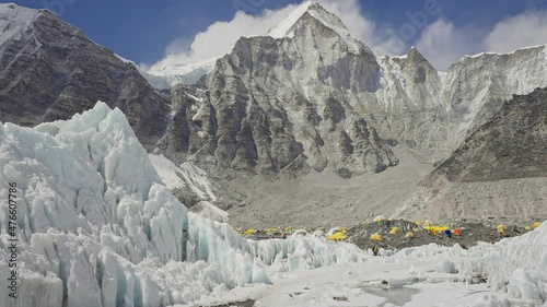 Panorama. Yellow tents at Everest Base Camp in snow mountains. Khumbu glacier photo