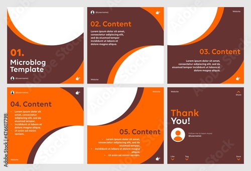 Microblog carousel slides template for instagram. Six pages with brown and orange retro vintage theme.	