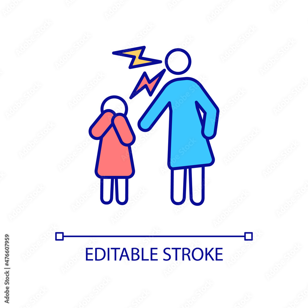 Parent and child conflict RGB color icon. Teenager and adult arguing. Domestic quarrel. Mother and daughter. Isolated vector illustration. Simple filled line drawing. Editable stroke. Arial font used