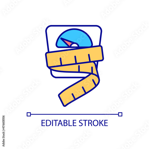 Weight losing RGB color icon. Slimming and dieting. Body fat burning. Figure and mass measurement. Isolated vector illustration. Simple filled line drawing. Editable stroke. Arial font used