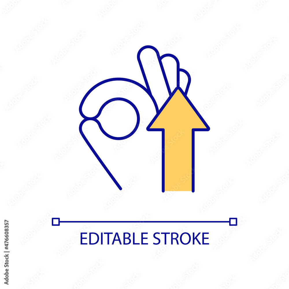 Ok hand gesture RGB color icon. Okay and wellness sign. Show agreement. Index finger and thumb touching. Isolated vector illustration. Simple filled line drawing. Editable stroke. Arial font used Ok hand gesture RGB color icon. Okay and wellness sign. Show agreement. Index finger and thumb touching. Isolated vector illustration. Simple filled line drawing. Editable stroke. Arial font used