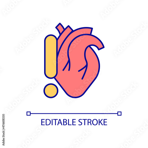 Heart problems RGB color icon. Coronary artery diseases. Cardiac illness. Blood pumping organ disorder. Isolated vector illustration. Simple filled line drawing. Editable stroke. Arial font used
