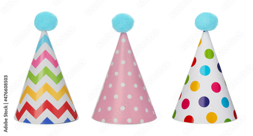 Set with different party hats on white background. Banner design
