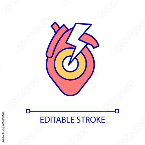 Heart attack RGB color icon. Myocardial infarction. Emergence health threat. Acute coronary artery disease. Isolated vector illustration. Simple filled line drawing. Editable stroke. Arial font used