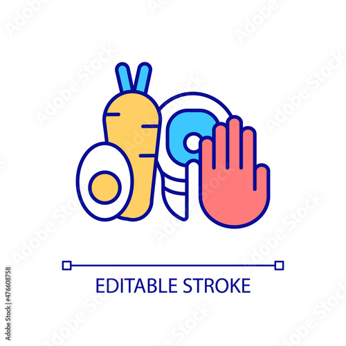 Avoid animal products RGB color icon. Restrictive food intake disorder. Anorexia symptom. Healthy diet. Isolated vector illustration. Simple filled line drawing. Editable stroke. Arial font used