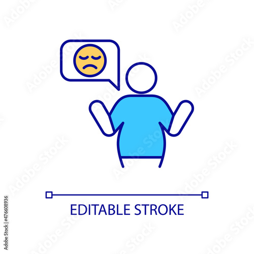 Be unhappy with extra weight RGB color icon. Body dissatisfaction. Self-acceptance lack. Sad about obesity. Isolated vector illustration. Simple filled line drawing. Editable stroke. Arial font used