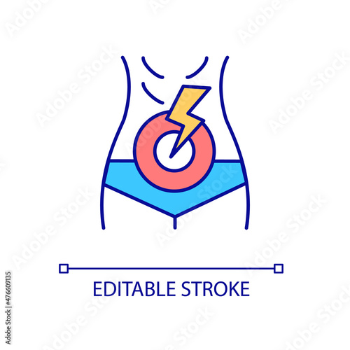 Stomachache RGB color icon. Sudden abdominal pain. Digestive system disease. Appendicitis inflammation. Isolated vector illustration. Simple filled line drawing. Editable stroke. Arial font used