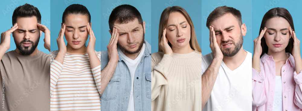 Collage with photos of people suffering from headache on light blue background. Banner design