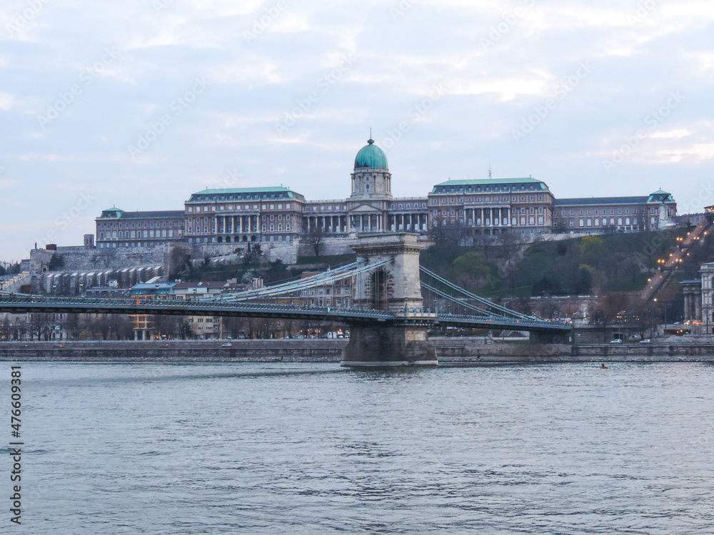 Budapest, Hungary, March 2016 - view of Budapest's Chain Bridge and Buda Castle in the evening