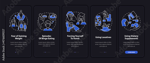 Bulimia symptoms night mode onboarding mobile app screen. Binge eating walkthrough 5 steps graphic instructions pages with linear concepts. UI  UX  GUI template. Myriad Pro-Bold  Regular fonts used