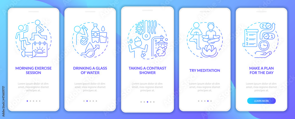 Daily routine blue gradient onboarding mobile app screen. Selfcare walkthrough 5 steps graphic instructions pages with linear concepts. UI, UX, GUI template. Myriad Pro-Bold, Regular fonts used