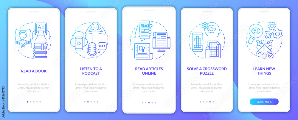 Naklejka premium Morning routine ideas blue gradient onboarding mobile app screen. Hobby walkthrough 5 steps graphic instructions pages with linear concepts. UI, UX, GUI template. Myriad Pro-Bold, Regular fonts used