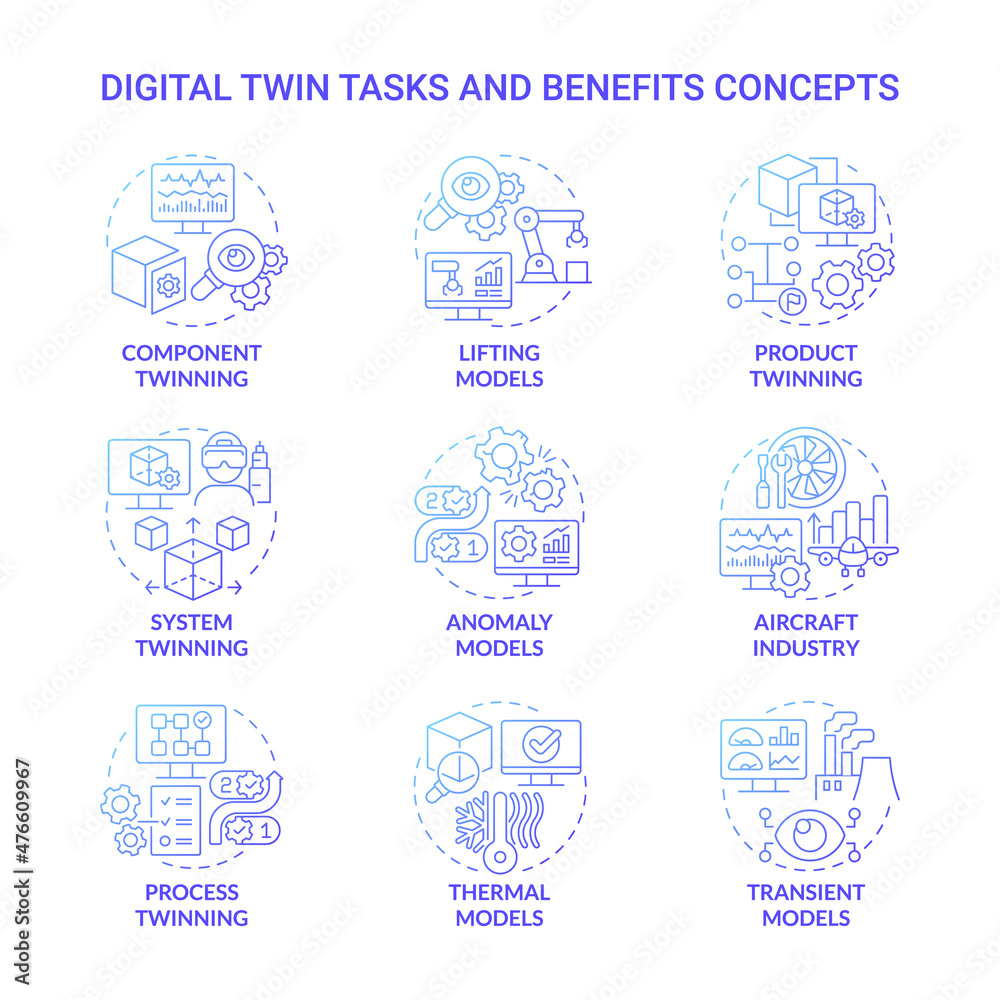 Digital twin tasks and benefits blue gradient concept icons set. Component and product twinning idea thin line color illustrations. Isolated outline drawings. Roboto-Medium, Myriad Pro-Bold fonts used