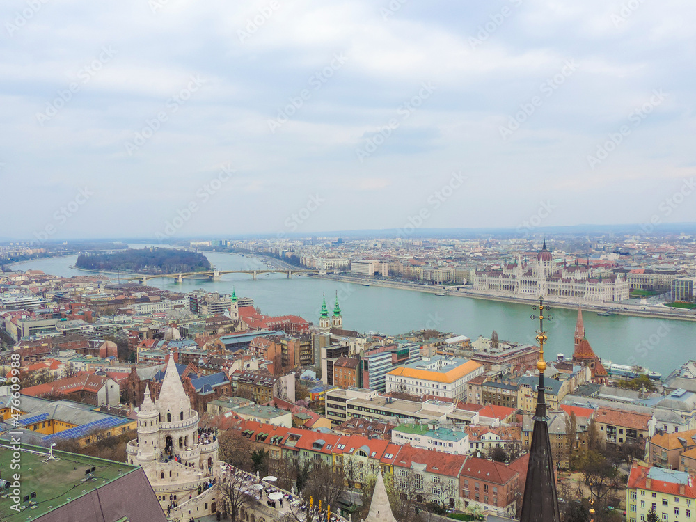 Budapest, Hungary, March 2016 - panoramic view of Budapest and the Hungarian Parliament Building