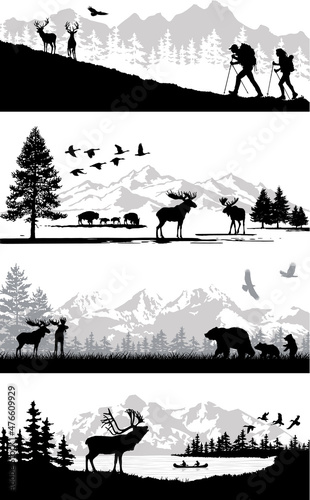 North land mountain and wildlife great outdoor vector landscape silhouette collection