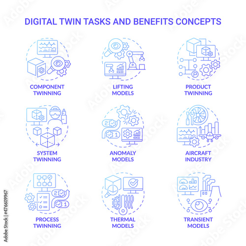 Digital twin tasks and benefits blue gradient concept icons set. Component and product twinning idea thin line color illustrations. Isolated outline drawings. Roboto-Medium, Myriad Pro-Bold fonts used