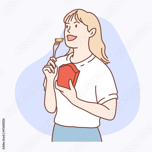 Teenagers happily eating fried chicken, illustrator design and isolated background.