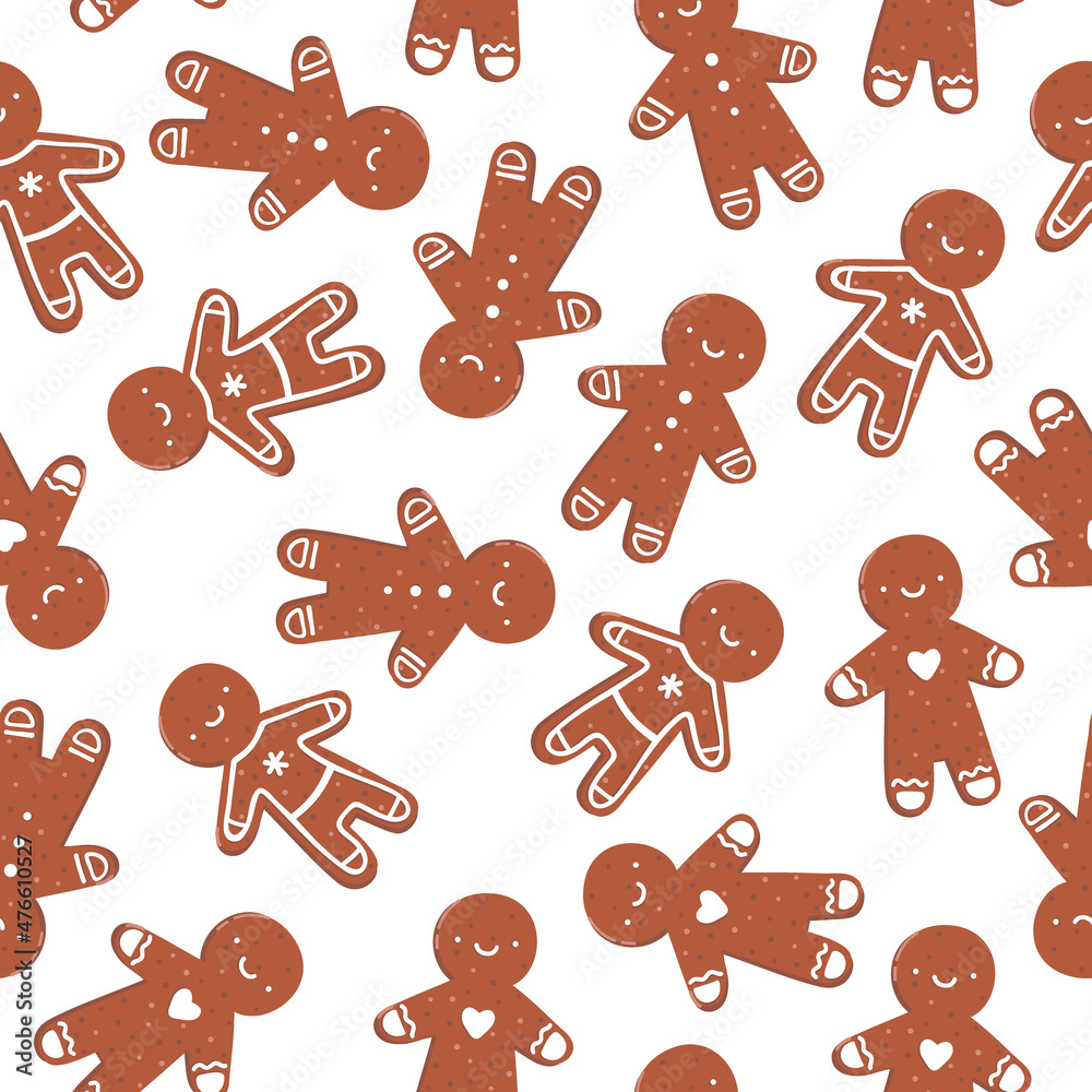 Vector illustration seamless pattern of gingerbread cookies with icing. Man star tree candy cane heart house shape. Vector illustration seamless pattern of gingerbread cookies with icing. Man star tree candy cane heart house shape.