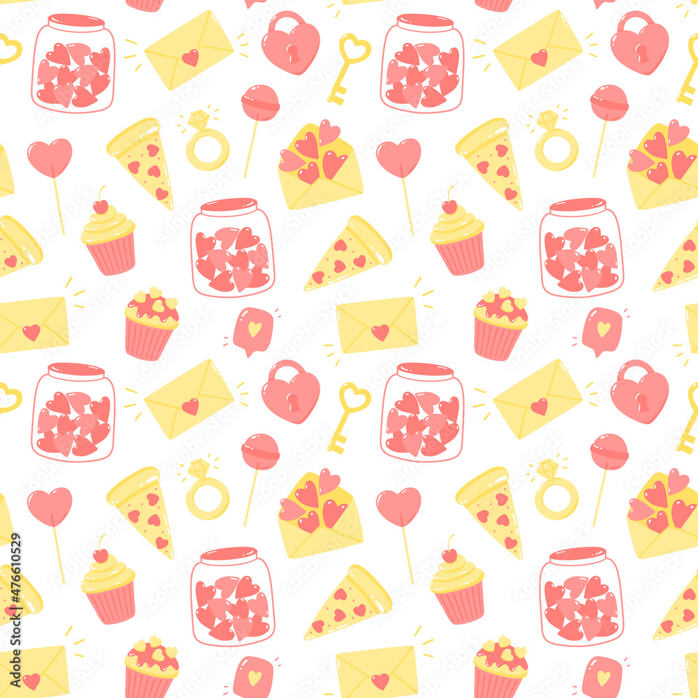 Vector seamless pattern of cute stickers with hearts about love