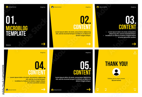 Microblog carousel slides template for social media post. Six page, black & yellow skew squares theme.