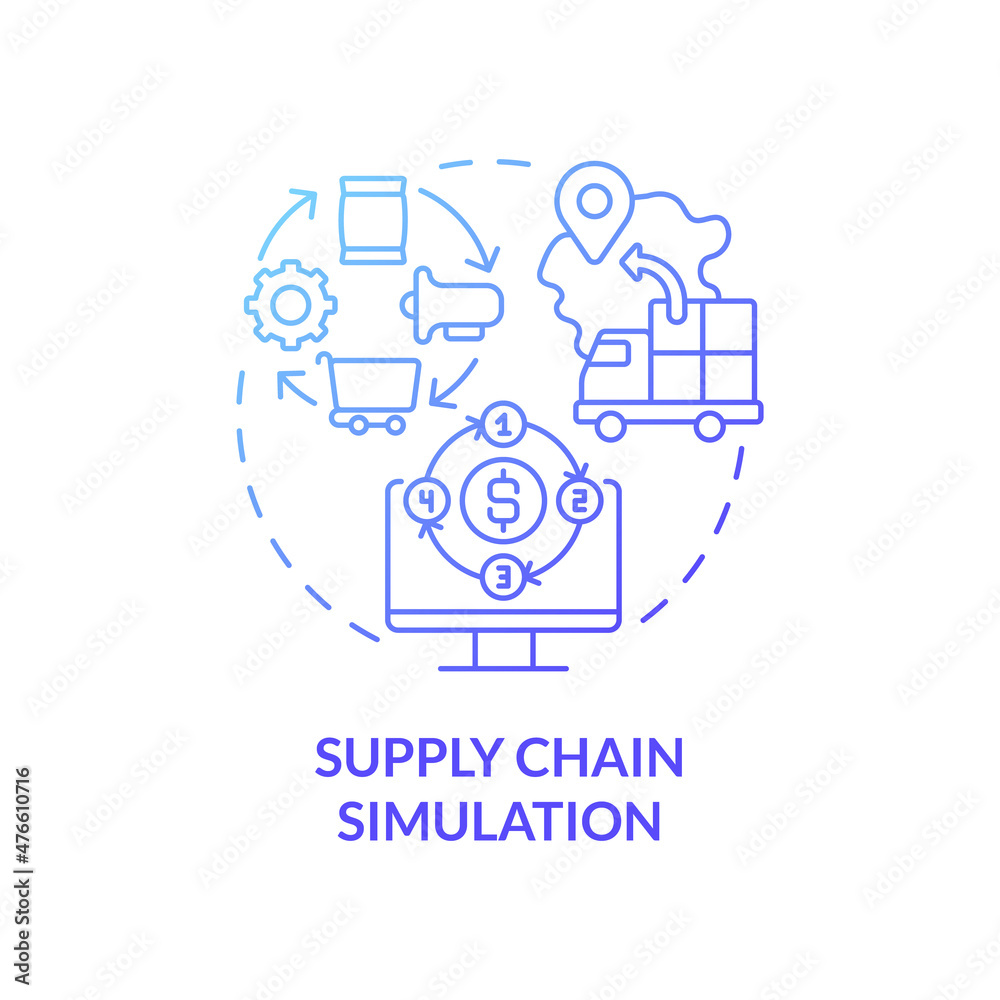 Supply chain simulation blue gradient concept icon. Abnormal situations prediction abstract idea thin line illustration. Isolated outline drawing. Roboto-Medium, Myriad Pro-Bold fonts used