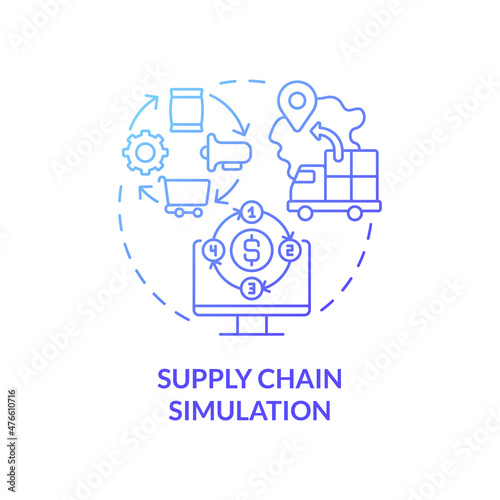 Supply chain simulation blue gradient concept icon. Abnormal situations prediction abstract idea thin line illustration. Isolated outline drawing. Roboto-Medium, Myriad Pro-Bold fonts used