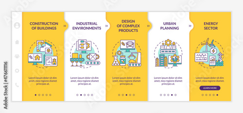 Digital twin use situations yellow onboarding template. Energy sector. Responsive mobile website with linear concept icons. Web page walkthrough 5 step screens. Lato-Bold, Regular fonts used