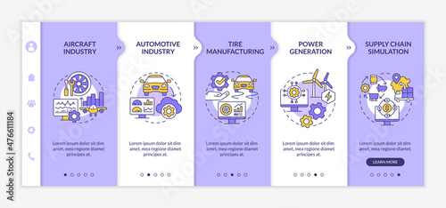 Digital twin implementation purple and white onboarding template. Simulation. Responsive mobile website with linear concept icons. Web page walkthrough 5 step screens. Lato-Bold, Regular fonts used