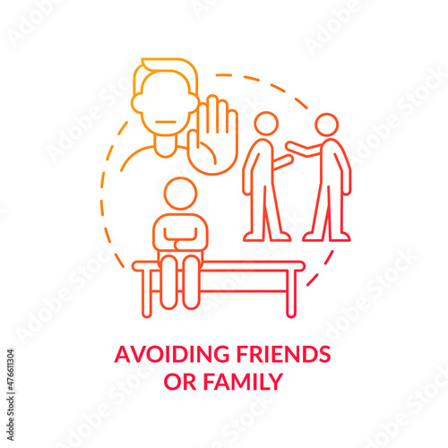 Avoiding friends and family red gradient concept icon. Social disorder. Mental health abstract idea thin line illustration. Isolated outline drawing. Roboto-Medium, Myriad Pro-Bold fonts used