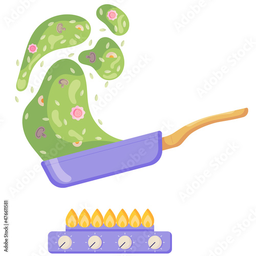 Risotto splashing out of the pan while stirring the frying dish. Rice with mushrooms, crabs standing on a stove with fire. Illustration for a cookbook in a flat style. Vector illustration